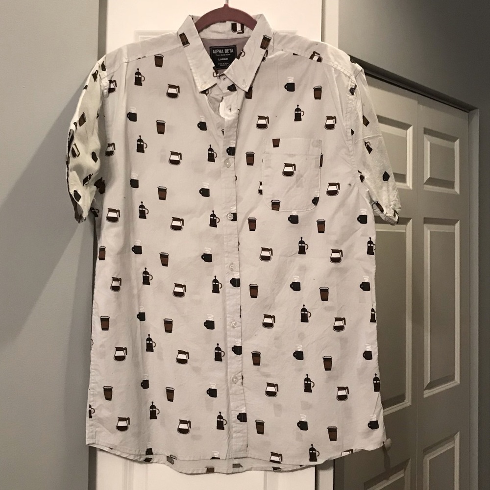 Alpha Beta White Short-Sleeve Button-Down Shirt with Coffee Print